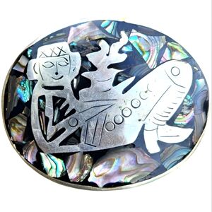 Vintage mother of pearl inlay Mexican belt buckle with figure